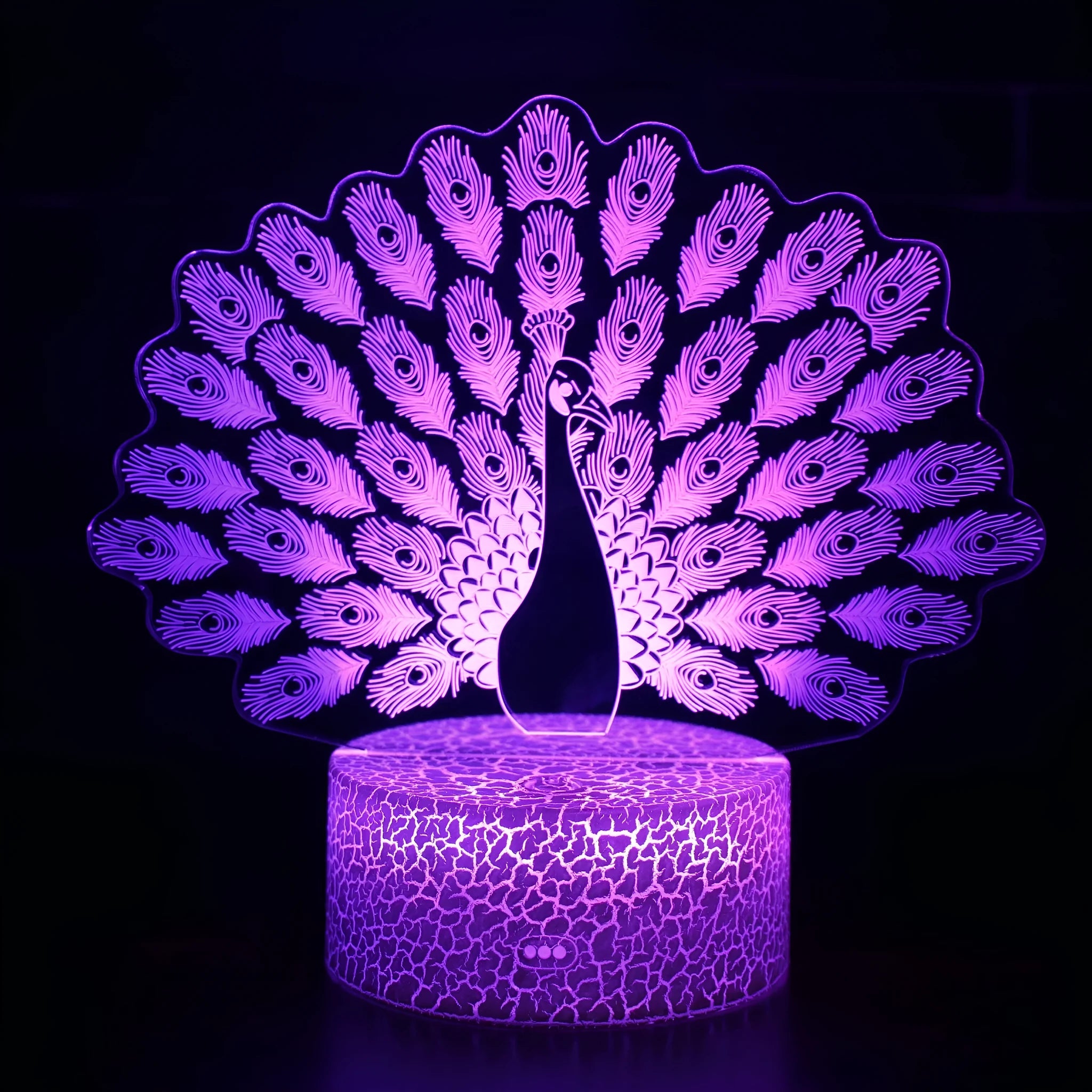 Colourful 3D acrylic USB table lamp with touch control on a small ABS base.