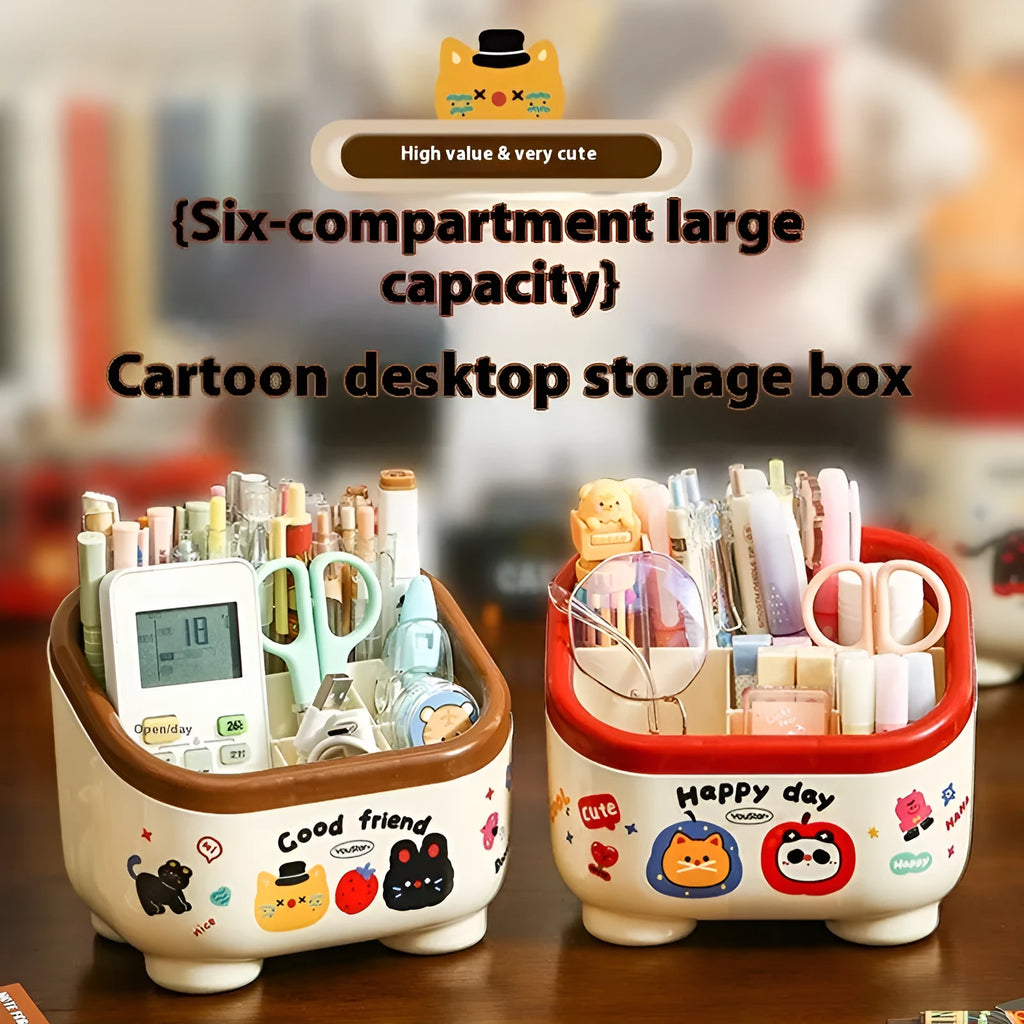 Plastic desktop storage box with cartoon stickers showing 2L capacity for stationery organisation