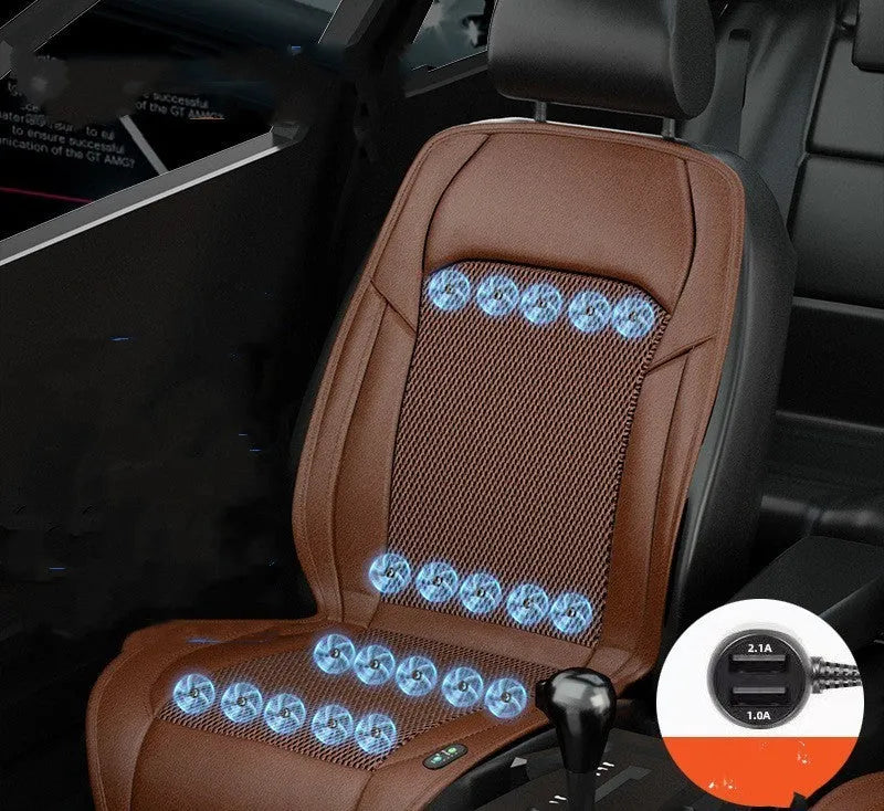 Car seat cooling cushion with ventilation grid and fan unit, shown in black colour