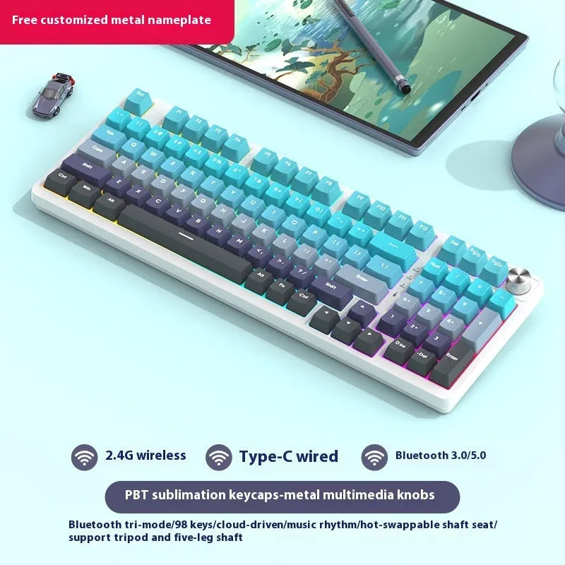 98 key wireless Bluetooth mechanical keyboard kit with metal knob on desk