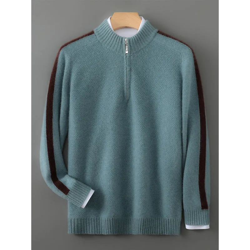 Half-zip wool sweater in slim fit with round neck, shown in one of four colours: Chinese Red, Grey, Pea Green, or Raw Velvet Camel