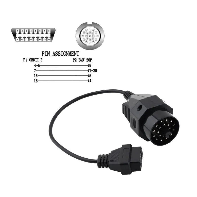 BMW OBD2 diagnostic adapter cable showing 20-pin plug and standard 16-pin female socket