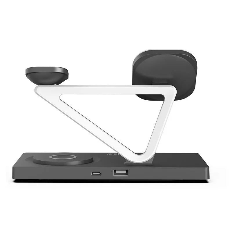 White five-in-one wireless charging night lamp showing magnetic phone bracket, watch pad, and circular base station.