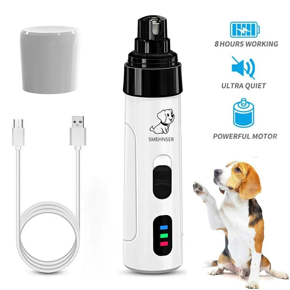 Electric dog nail grinder device with LED display showing speed settings.