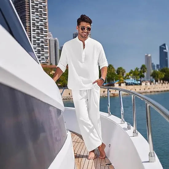 Men's solid colour casual cotton suit with long sleeves and trousers for spring and autumn leisure wear.