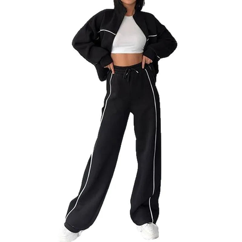 Casual suit set with mock neck hoodie and striped lace-up trousers in polyester fabric