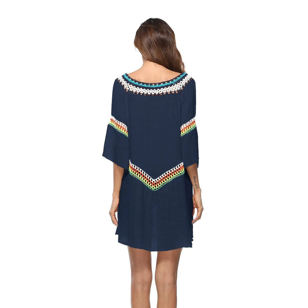 Women's crocheted ethnic style sun protection clothing in apricot, black, sapphire blue, and white for beach swimming