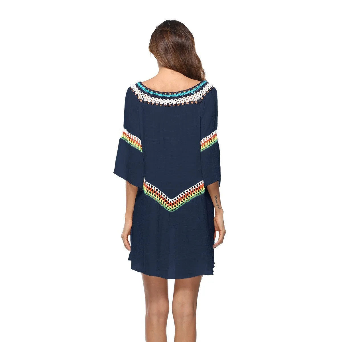 Women's crocheted ethnic style sun protection clothing in apricot, black, sapphire blue, and white for beach swimming