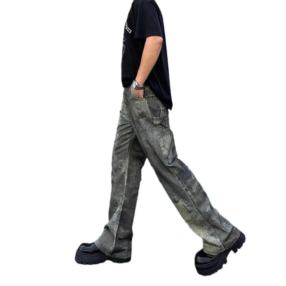 Men's straight leg denim jeans with retro camouflage pattern in picture colour
