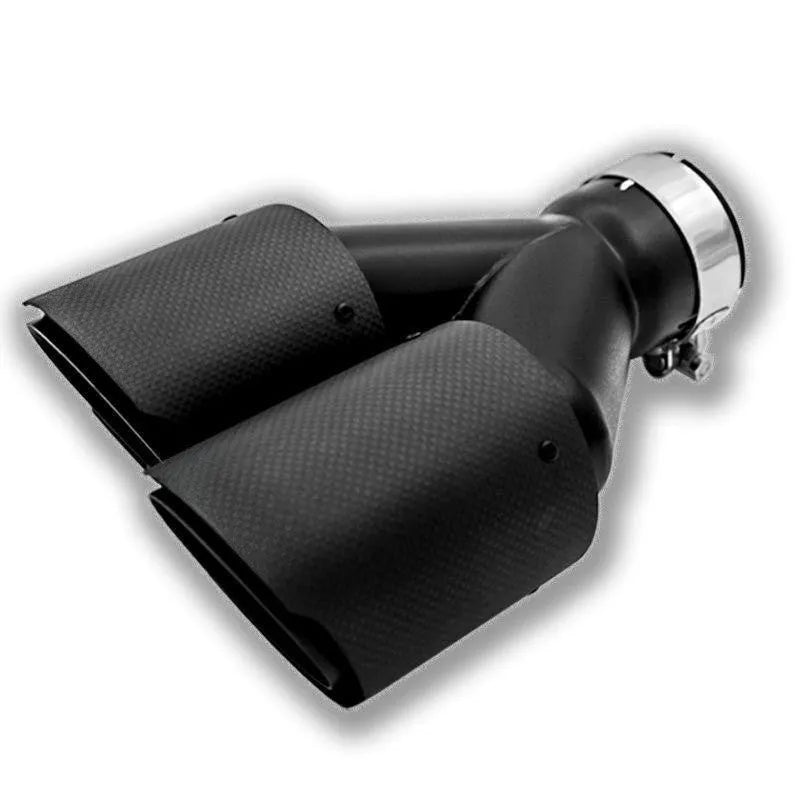 Black carbon fibre car exhaust pipe silencer with twin outlets, length 250mm.