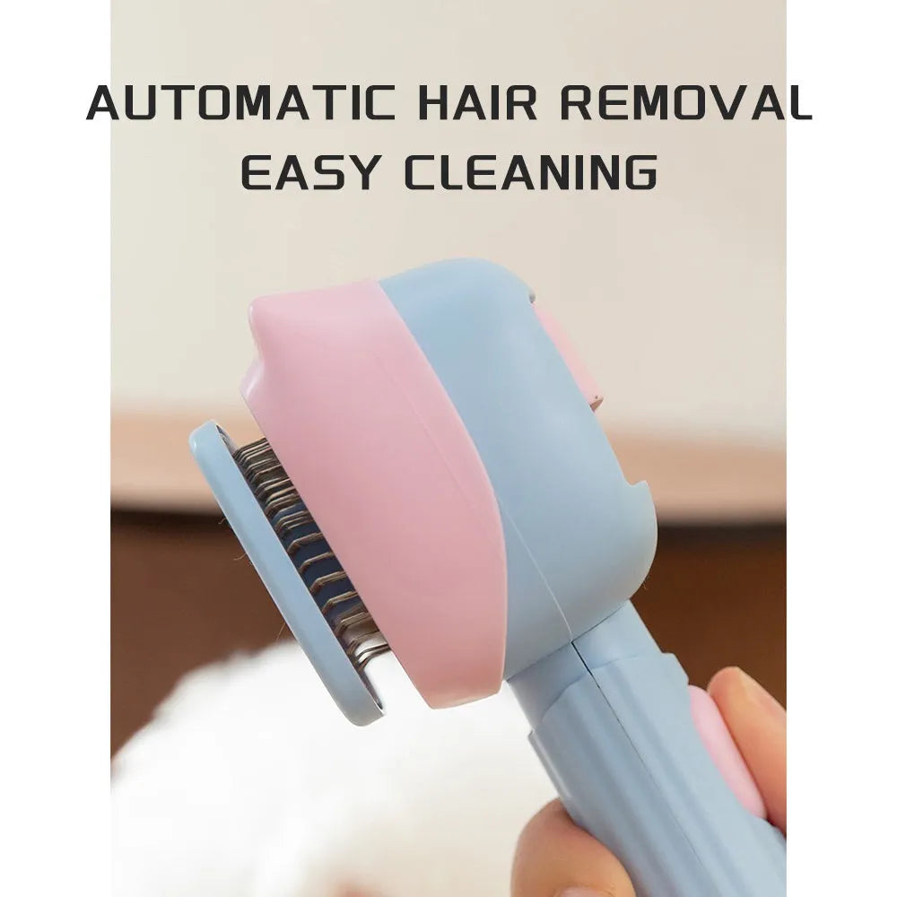 Blue double-sided pet grooming brush showing deshedding rake and dematting comb sides
