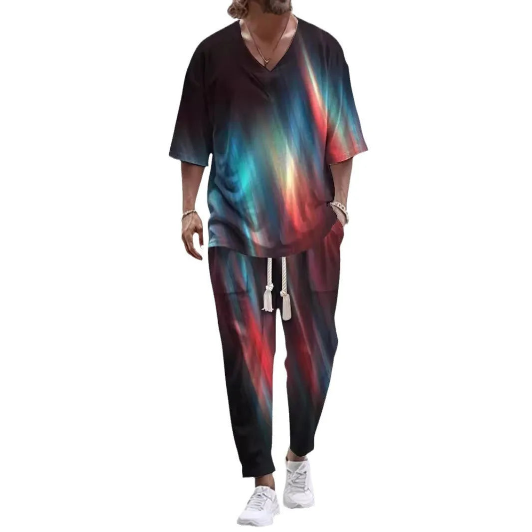 Man wearing a thin polyester V-neck trousers suit with cropped sleeves, available in multiple colours and sizes up to 6XL.