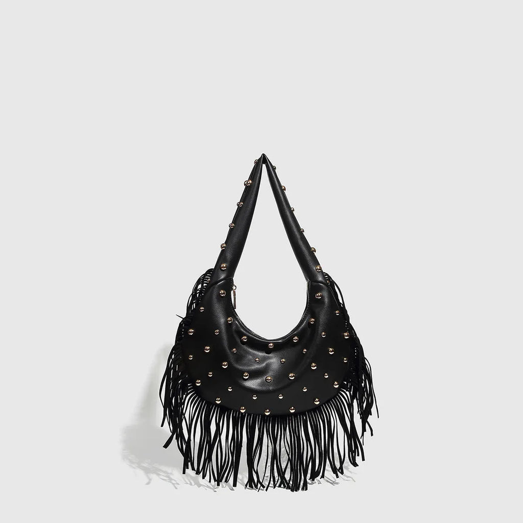 Retro tassel shoulder handbag in black or wine red with mobile phone pocket