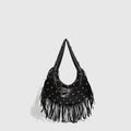 Retro tassel shoulder handbag in black or wine red with mobile phone pocket