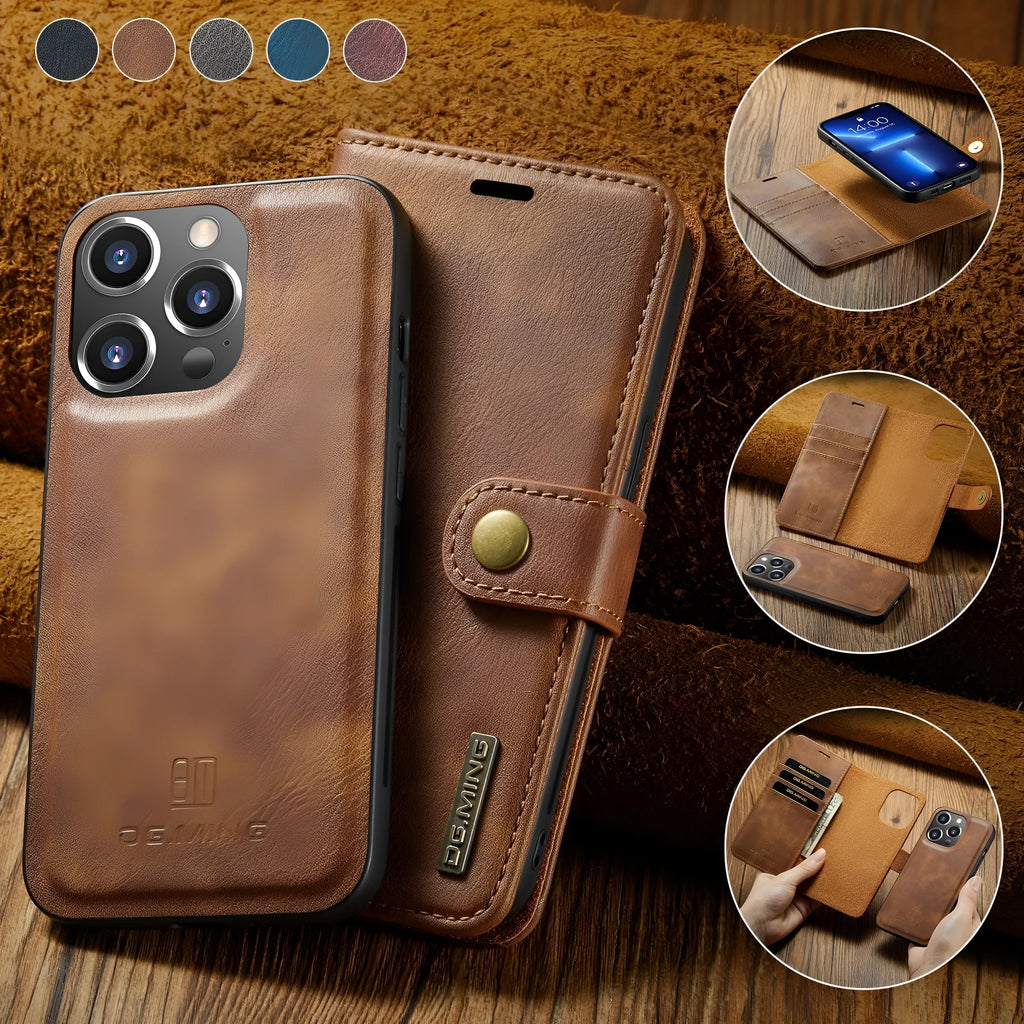 Split PU leather wallet iPhone case with card slots, detachable bottom shell, black brown grey red blue