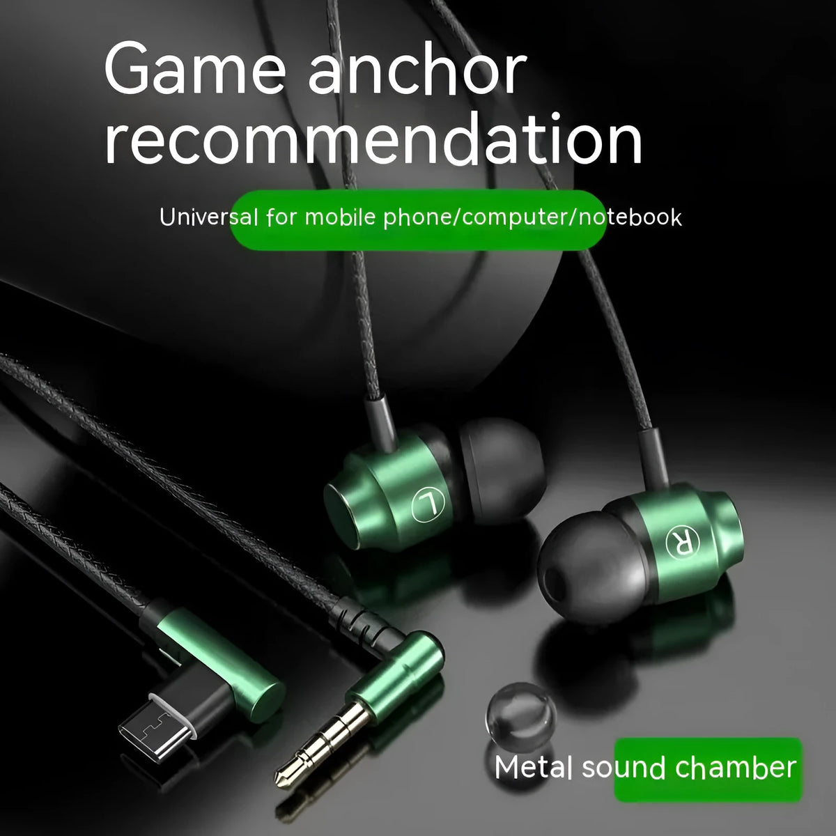 Wired in-ear gaming headset with magnetic metal earbuds, 3.5mm or TC plug, mic, 1.2m TPE cable, black or green