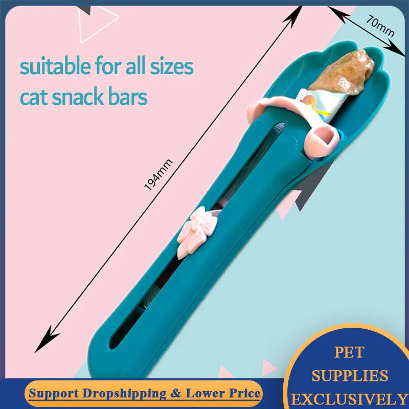 Multipurpose pet food dispenser tool in green and pink colours for squeezing liquid food and extruding treat bars