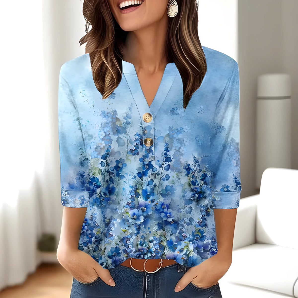 Women's loose fit V-neck casual top with a colourful 3D printed pattern on polyester fabric.