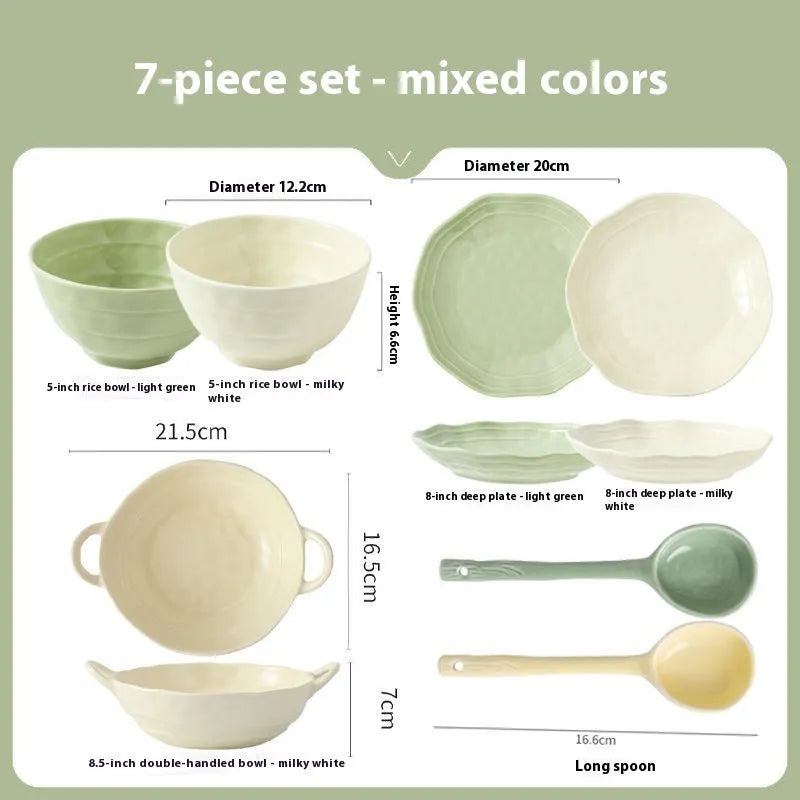 Solid colour ceramic dinnerware set with seven pieces in minimalist Japanese style, boxed packaging.
