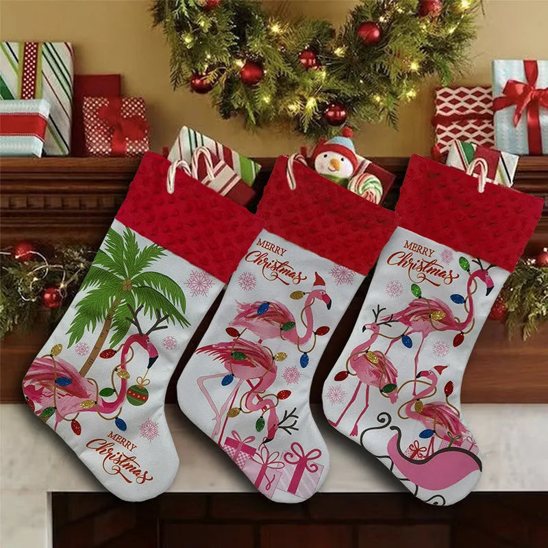 Flamingo Christmas stocking decoration measuring 46 by 28 centimetres in cloth material