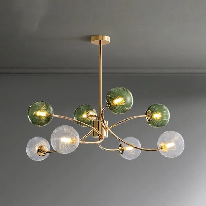 Modern Nordic style pendant chandelier with multiple heads, shown at an adjustable height.