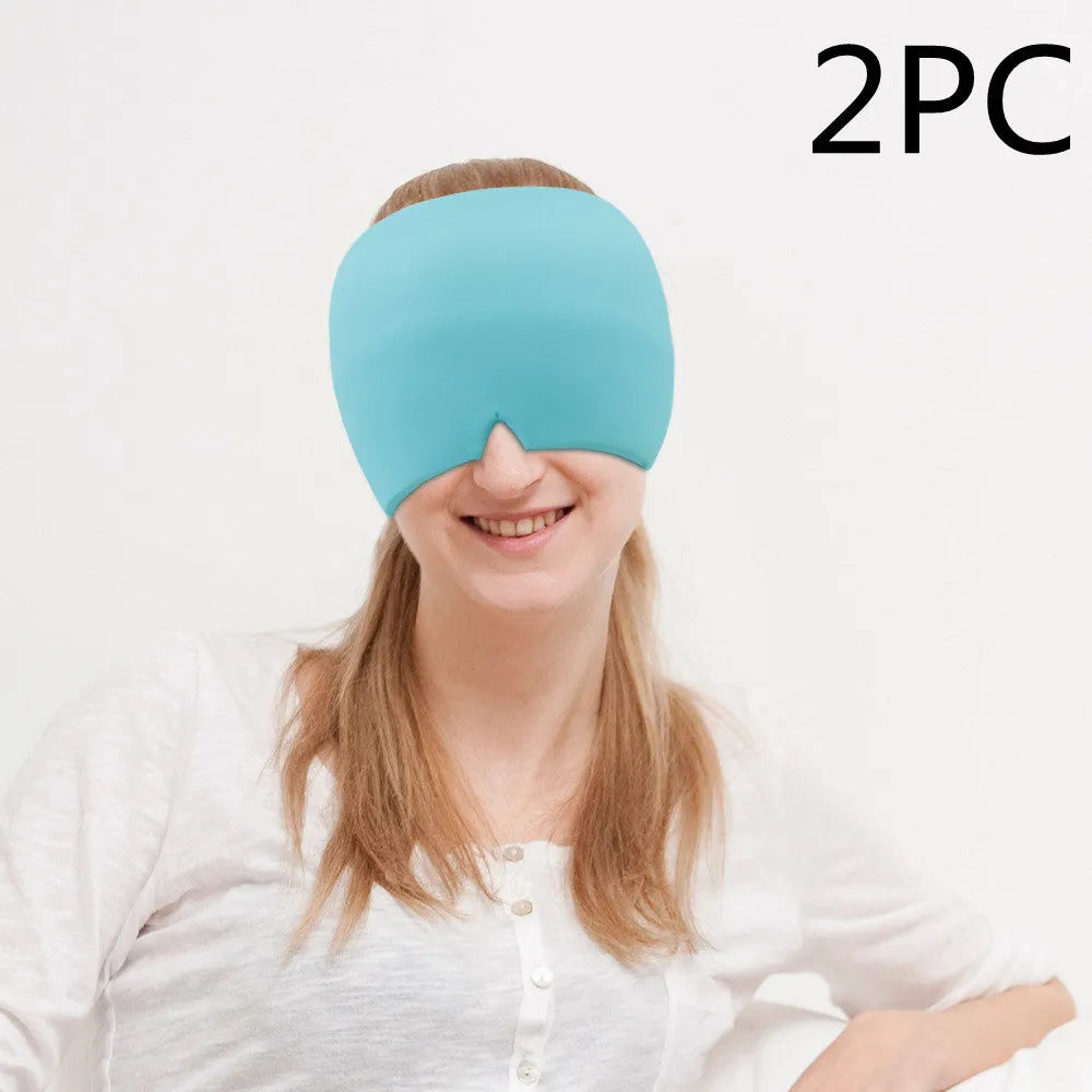 Black elastic cloth gel eye mask for headache relief showing adjustable design
