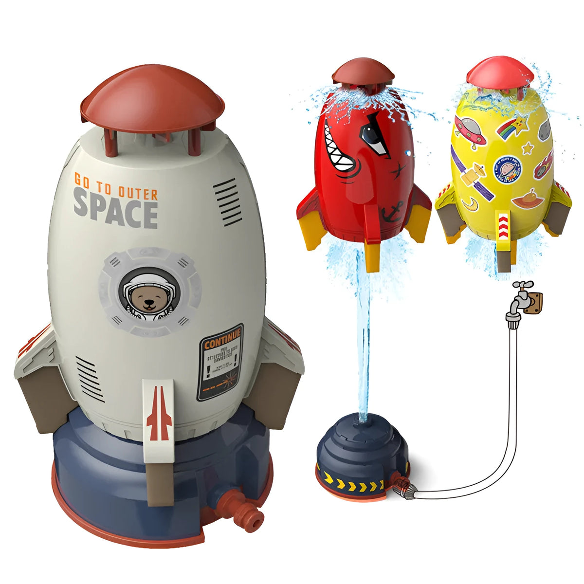 Water pressure rocket launcher toy with base and faucet connector, 14.8x29x14.8cm, for garden water play