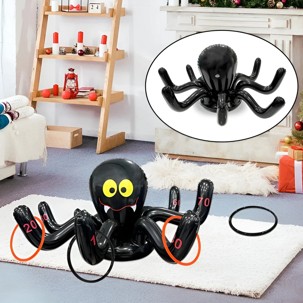 Assorted Halloween inflatable throwing toys including octopus, antlers, witch hat, and spider designs in various colours