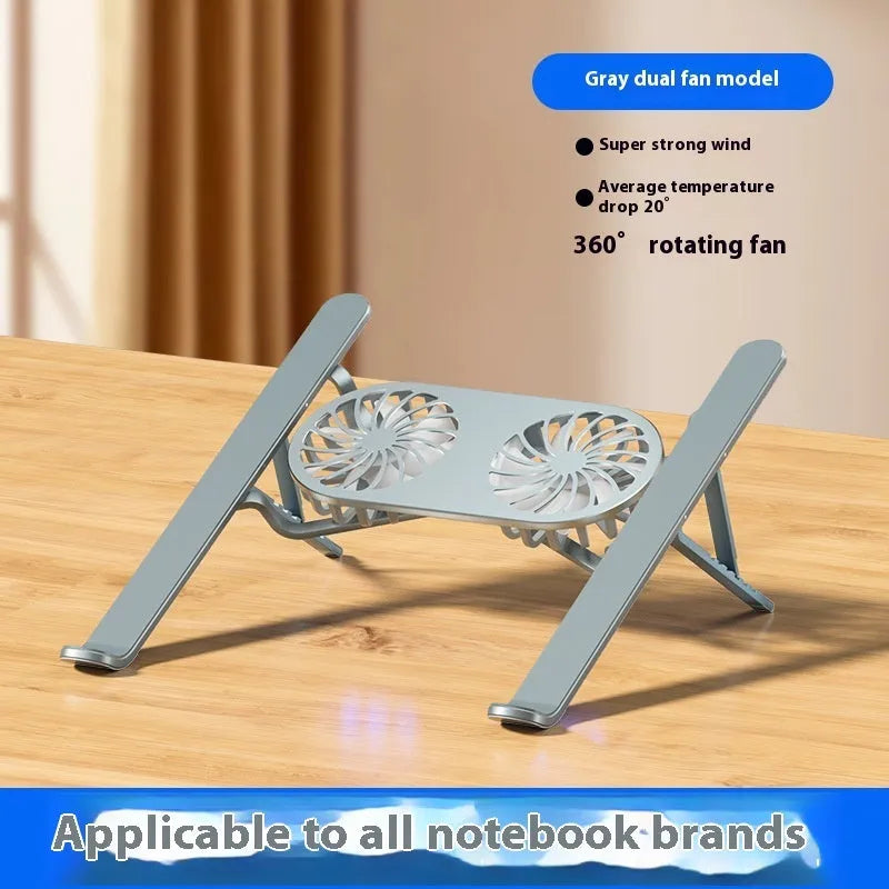 Silver aluminium laptop cooling stand with twin fans and height adjustment mechanism