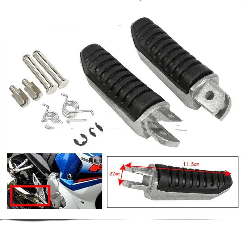 Black aluminium alloy motorcycle foot pedal set for Suzuki Hayabusa and V-Strom models.