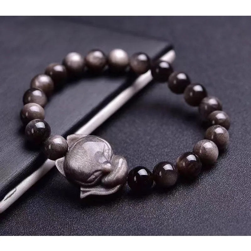 Obsidian fox bracelet for women with 8mm polished stone beads and silver-plated fox charm jewellery