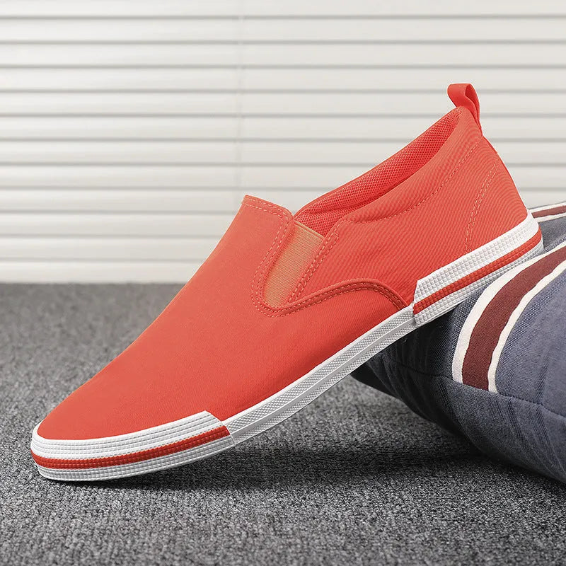 Men's low top canvas casual shoes with rubber vulcanised sole in grey, black orange, or khaki