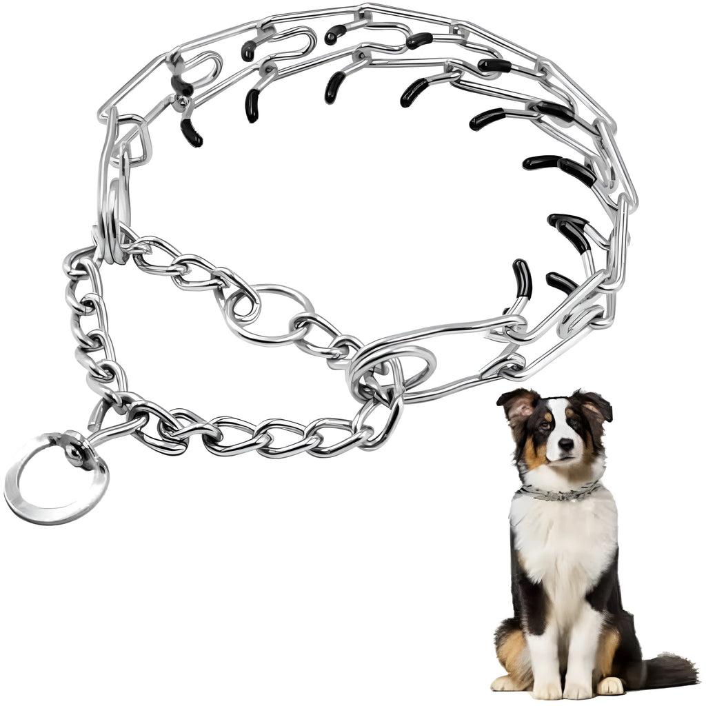 Adjustable stainless steel dog training prong collar with rubber tips in multiple sizes