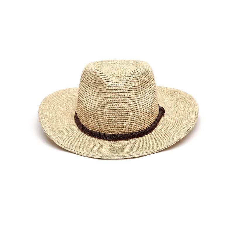 Men's foldable straw sun hat with a wide brim shown in mixed beige colour.
