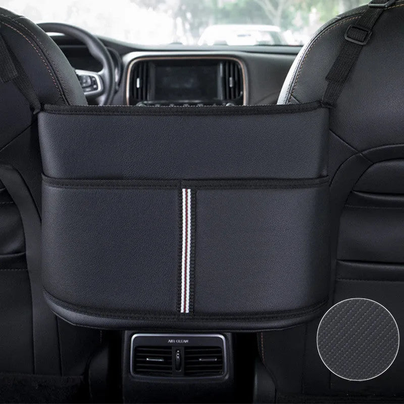 Black leather car seat storage bag with carbon fibre pattern measuring 38 by 24 by 15 centimetres