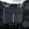 Black leather car seat storage bag with carbon fibre pattern measuring 38 by 24 by 15 centimetres