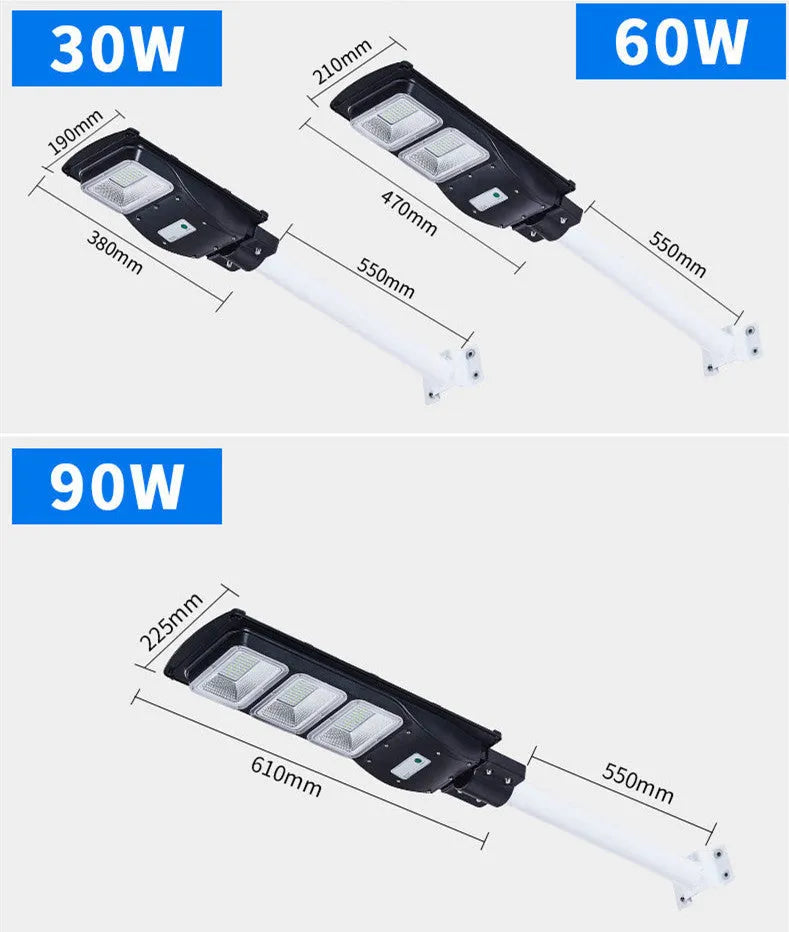 Integrated solar street light with aluminium housing and solar panel, showing remote control and outdoor installation