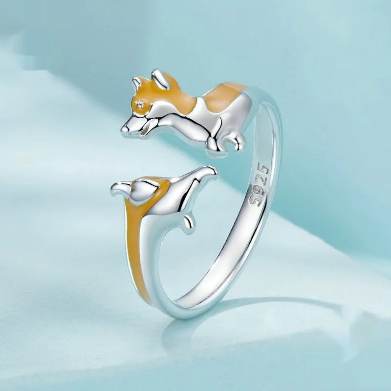 Silver electroplated corgi dog ring with cartoon design for women