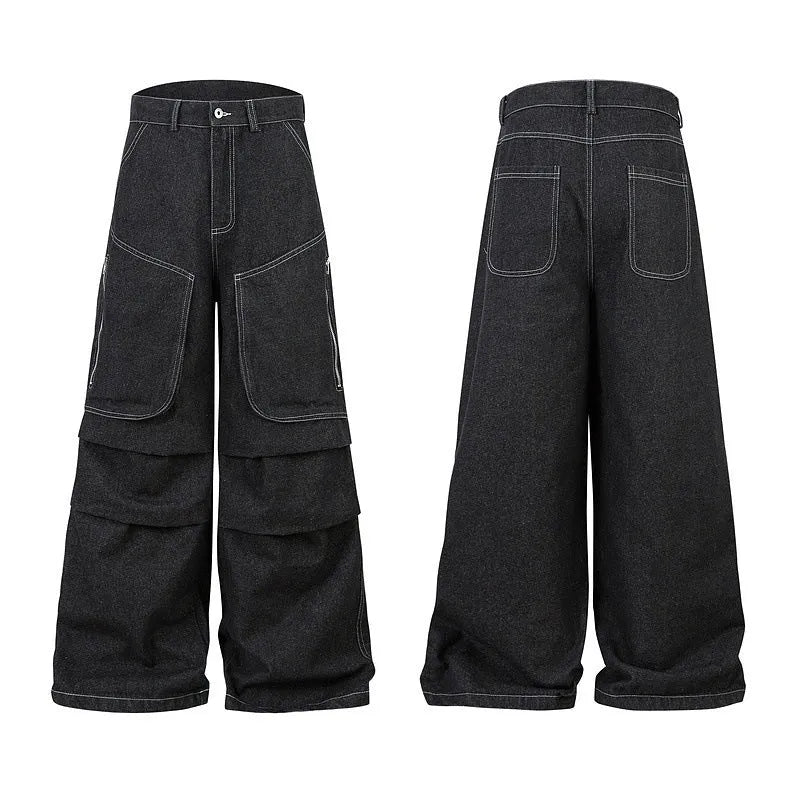 Black multi-pocket pleated workwear jeans in cotton denim with zip fly and mid waist design