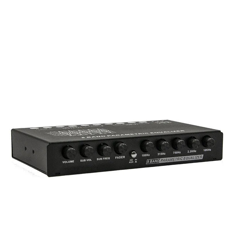 Black car audio EQ tuning amplifier with control knobs for subwoofer and seven-band equaliser.