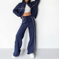 Casual suit set with mock neck hoodie and striped lace-up trousers in polyester fabric