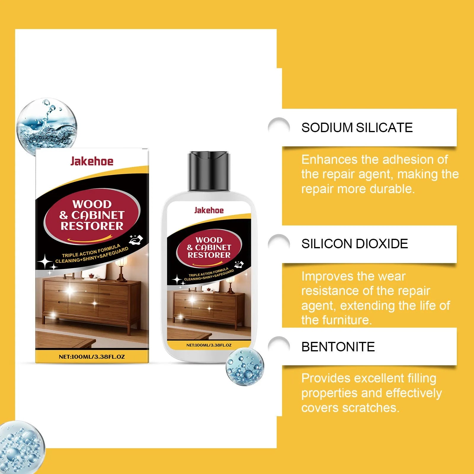 Wooden furniture scratch care solution bottle with microfiber towel for cleaning and maintenance