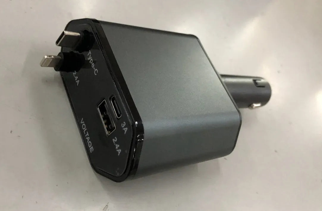 Black automatic retractable car charger with USB ports for Apple and Huawei devices