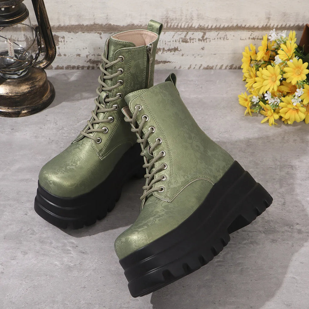 Women's mid-calf platform boots with chunky heel and side zipper in retro patchwork design.