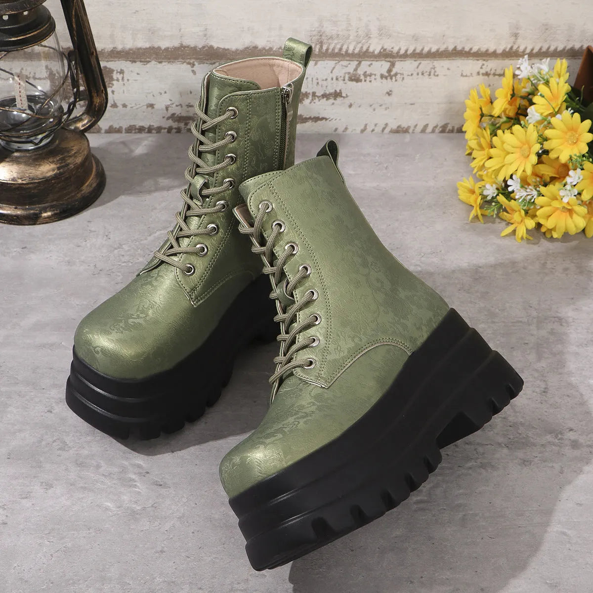 Women's mid-calf platform boots with chunky heel and side zipper in retro patchwork design.