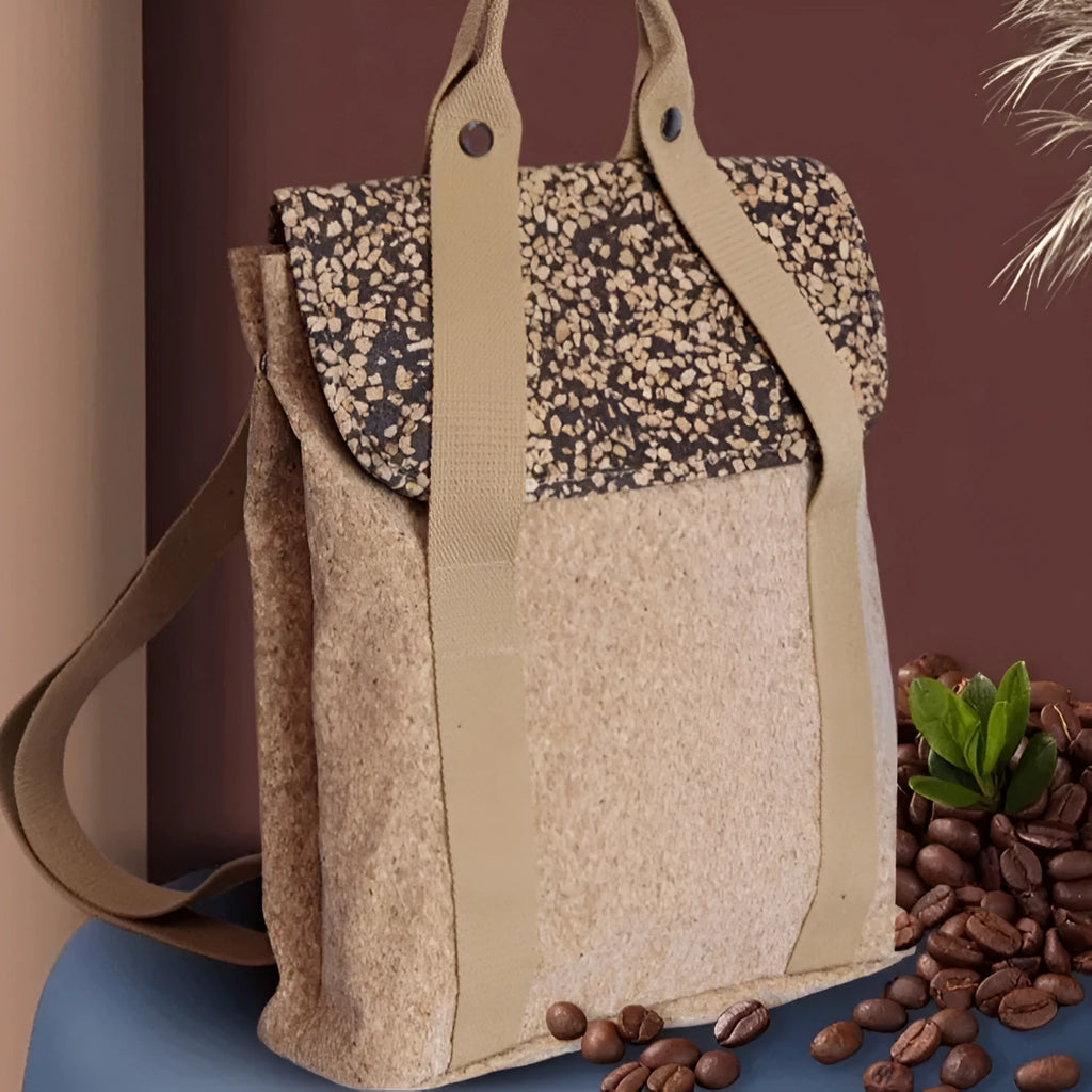Coffee Grounds Cork casual backpack with polyester lining, curved shoulder straps, and splicing detail for leisure travel