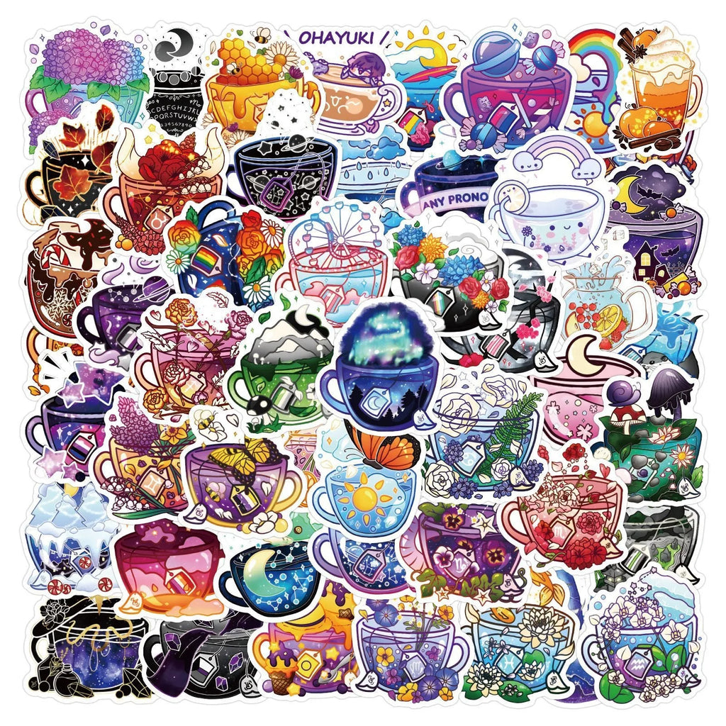 Pack of 50 colourful tea cup graffiti design waterproof stickers for DIY personalisation on scooters and luggage.