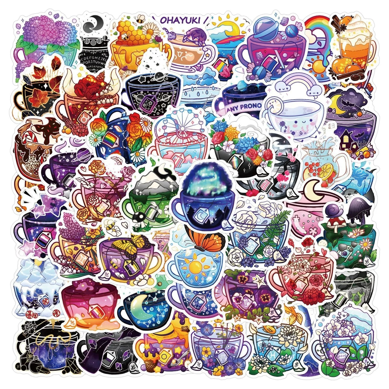 Pack of 50 colourful tea cup graffiti design waterproof stickers for DIY personalisation on scooters and luggage.