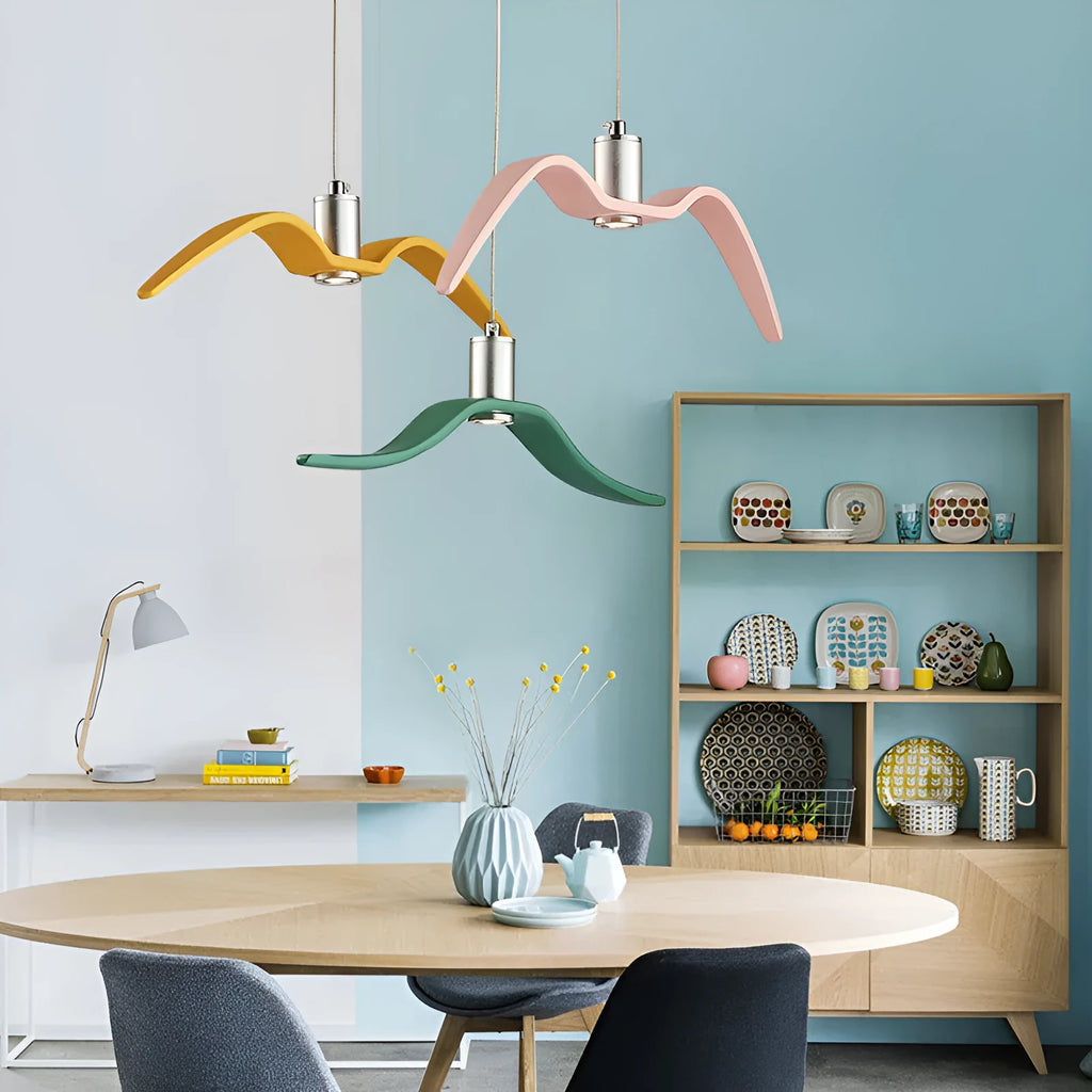 Nordic style post-modern LED chandelier in a macaron colour option, showing one of three available model designs.
