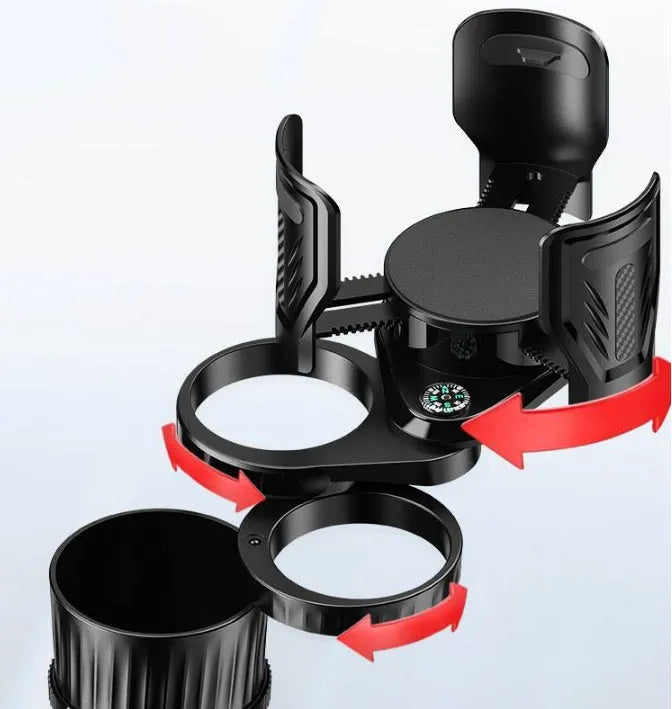 Carbon fibre black adjustable car cup holder with retractable base extended.